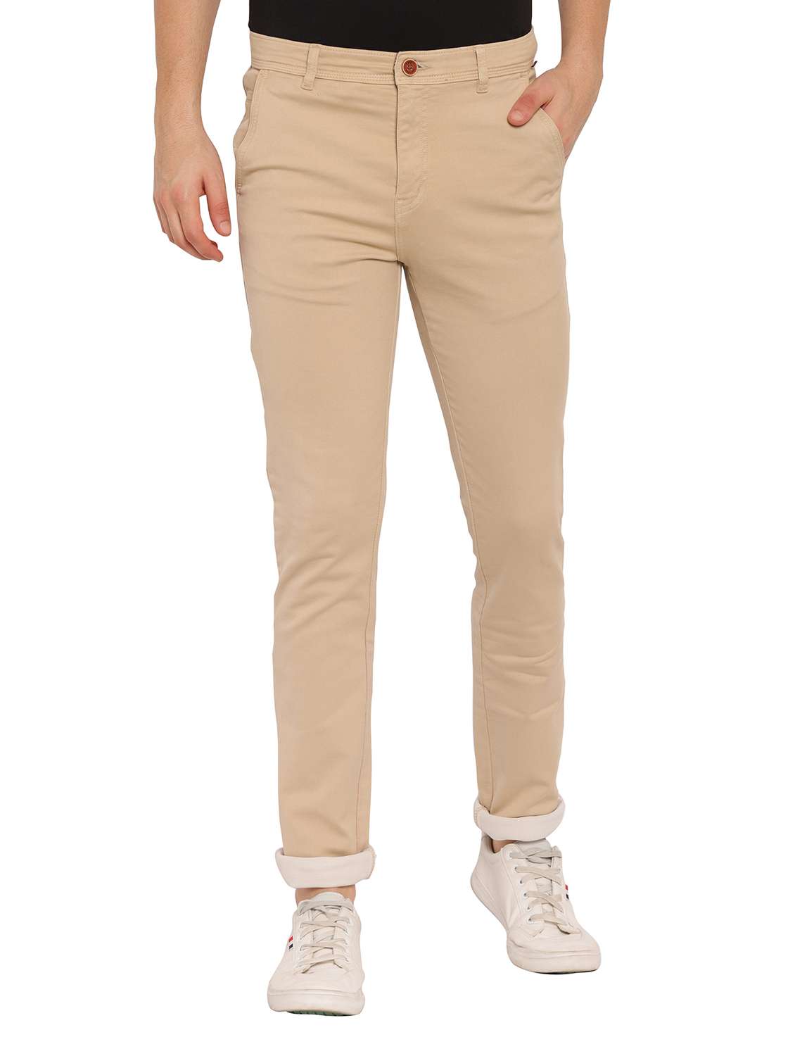 beige cotton flat front casual trousers - 17954304 - Zoom Image - 0