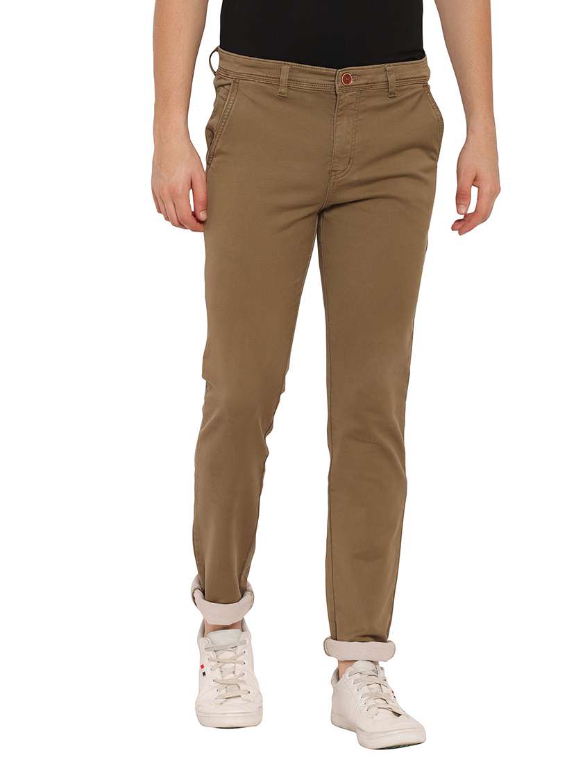 brown textured flat front casual trouser