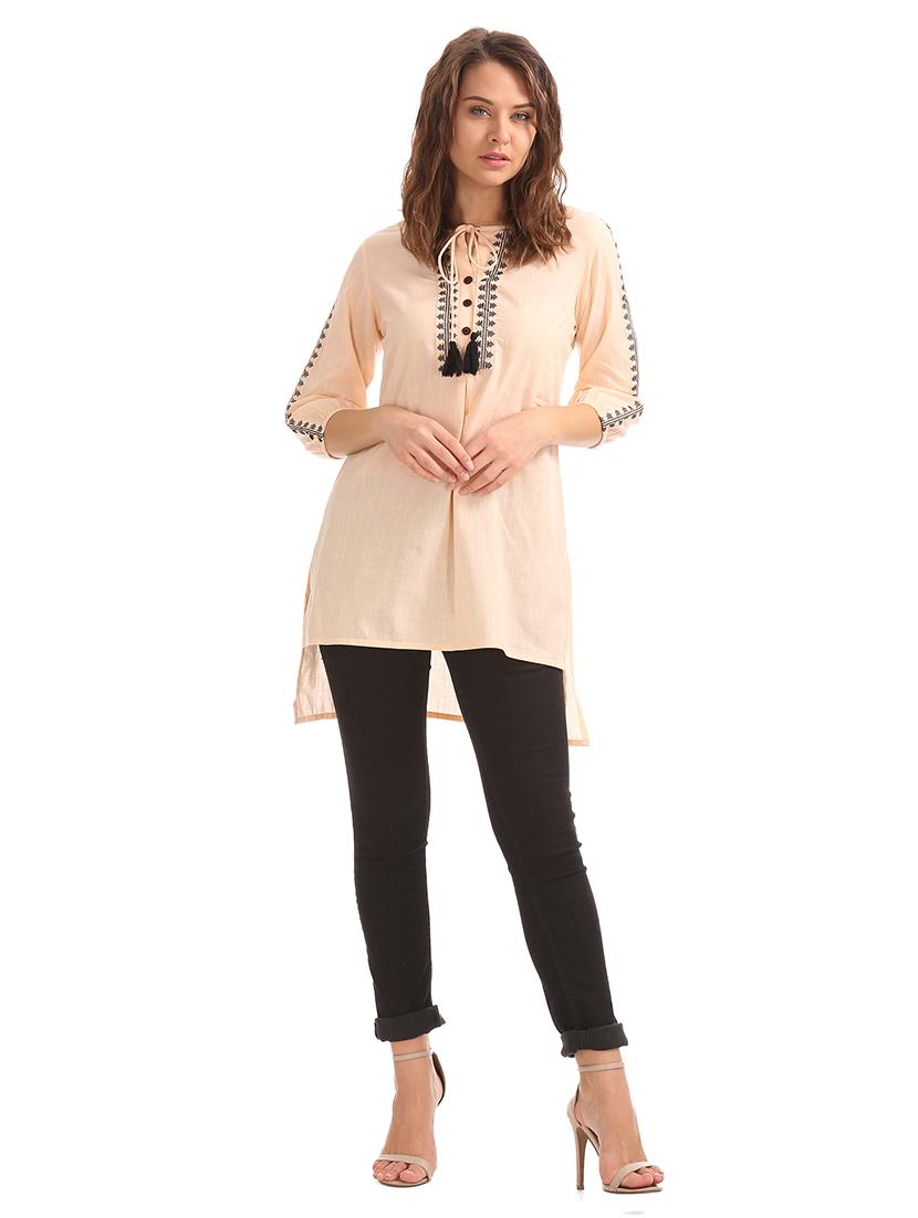 tie up neck embroidered detail tunic - 17954470 - Standard Image - 3