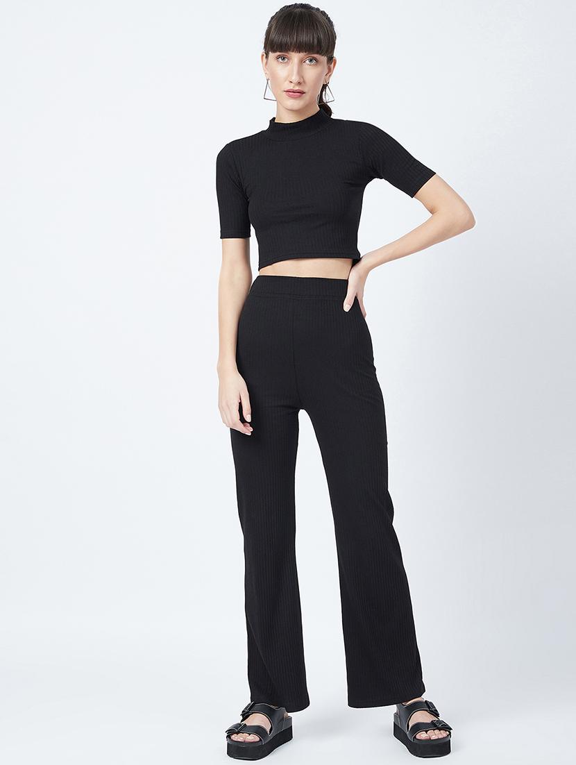 mock neck solid crop top and trouser set - 17956055 - Zoom Image - 0