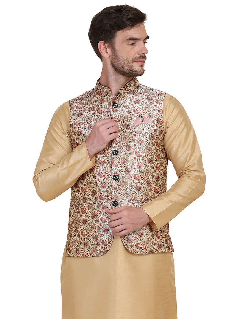 beige solid kurta pyjama with printed jacket