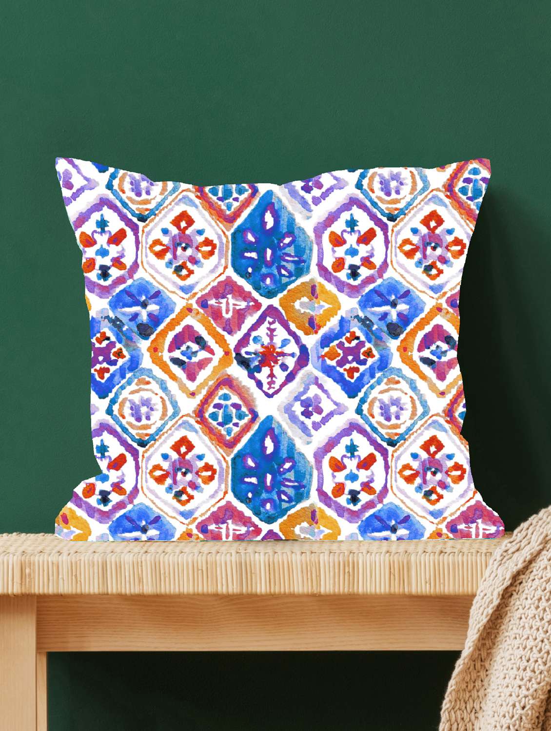 ambbi collections multicolour ikat abstract digital print 100 % satin 16x16 inch cushion cover, set of 1