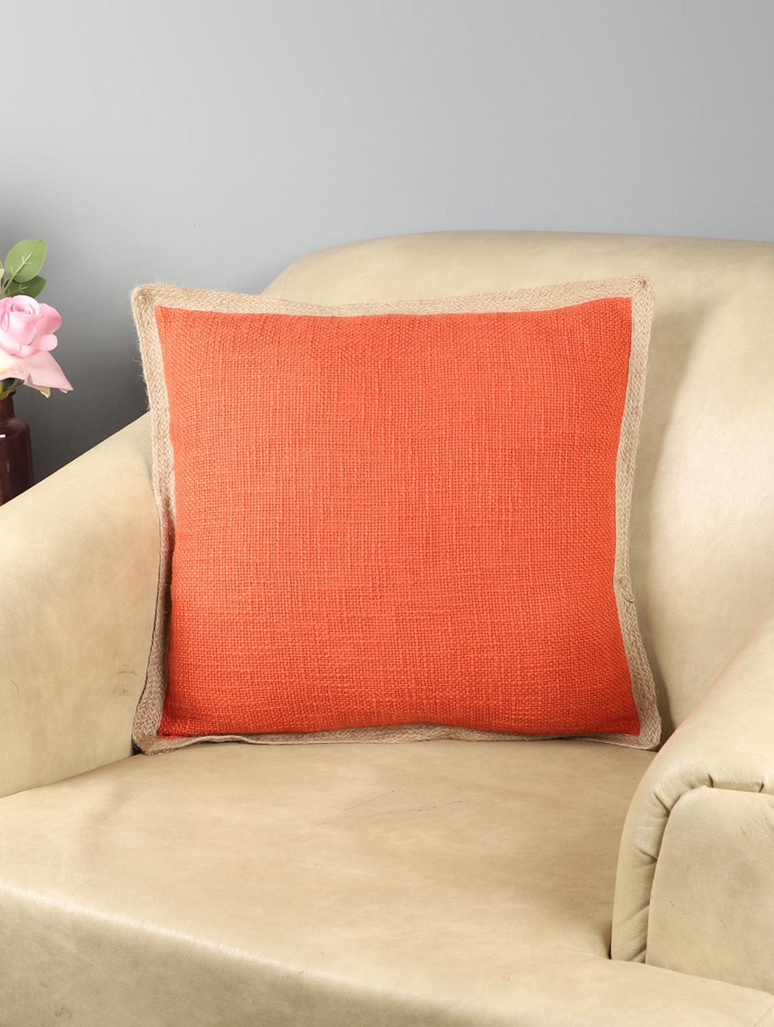 ambbi collections cotton slub cushion cover with jute trime 16x16 inch cushion cover, set of 1 - 17961962 - Zoom Image - 0