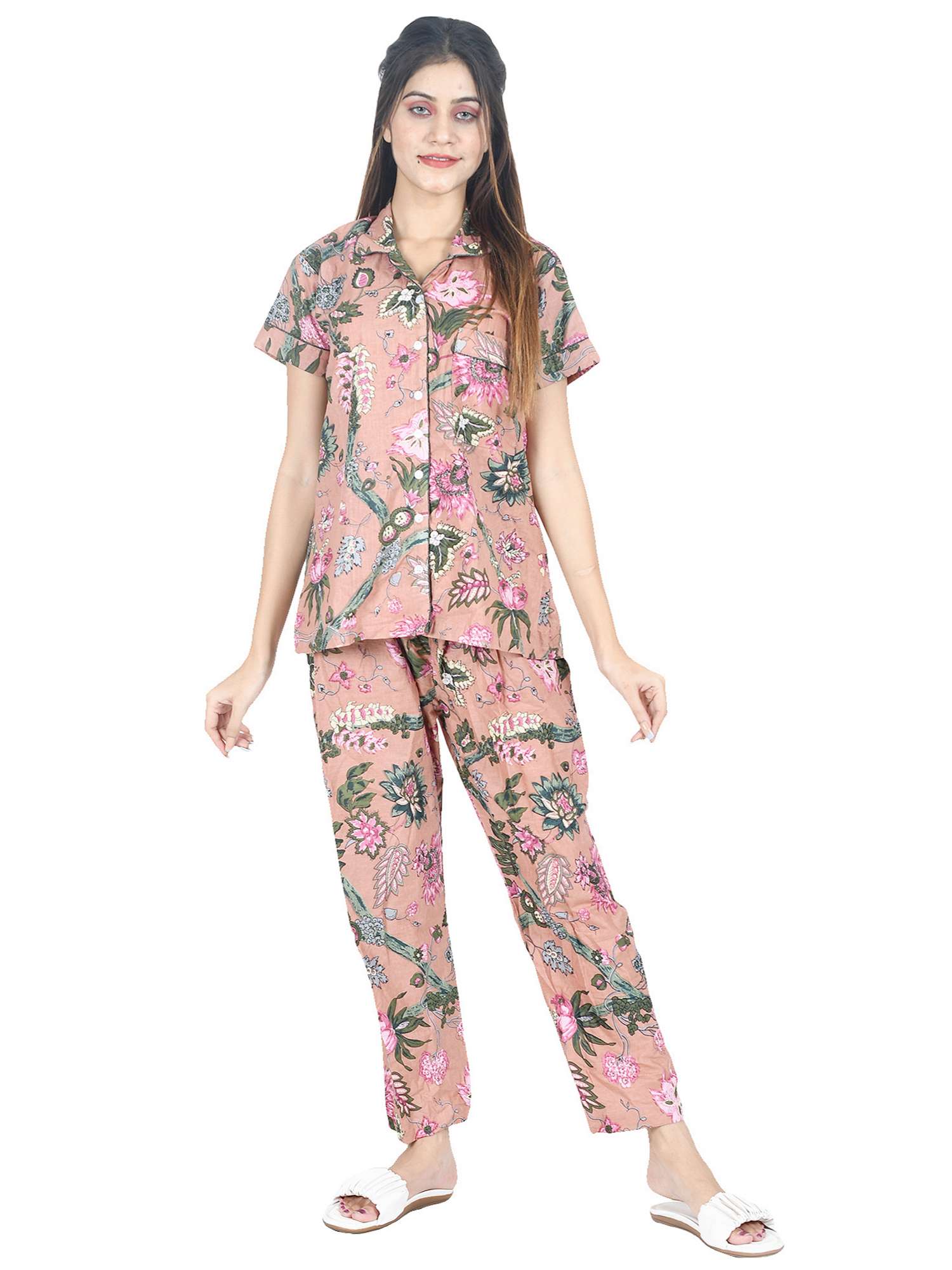 peach block printed night suit pyjama set for women