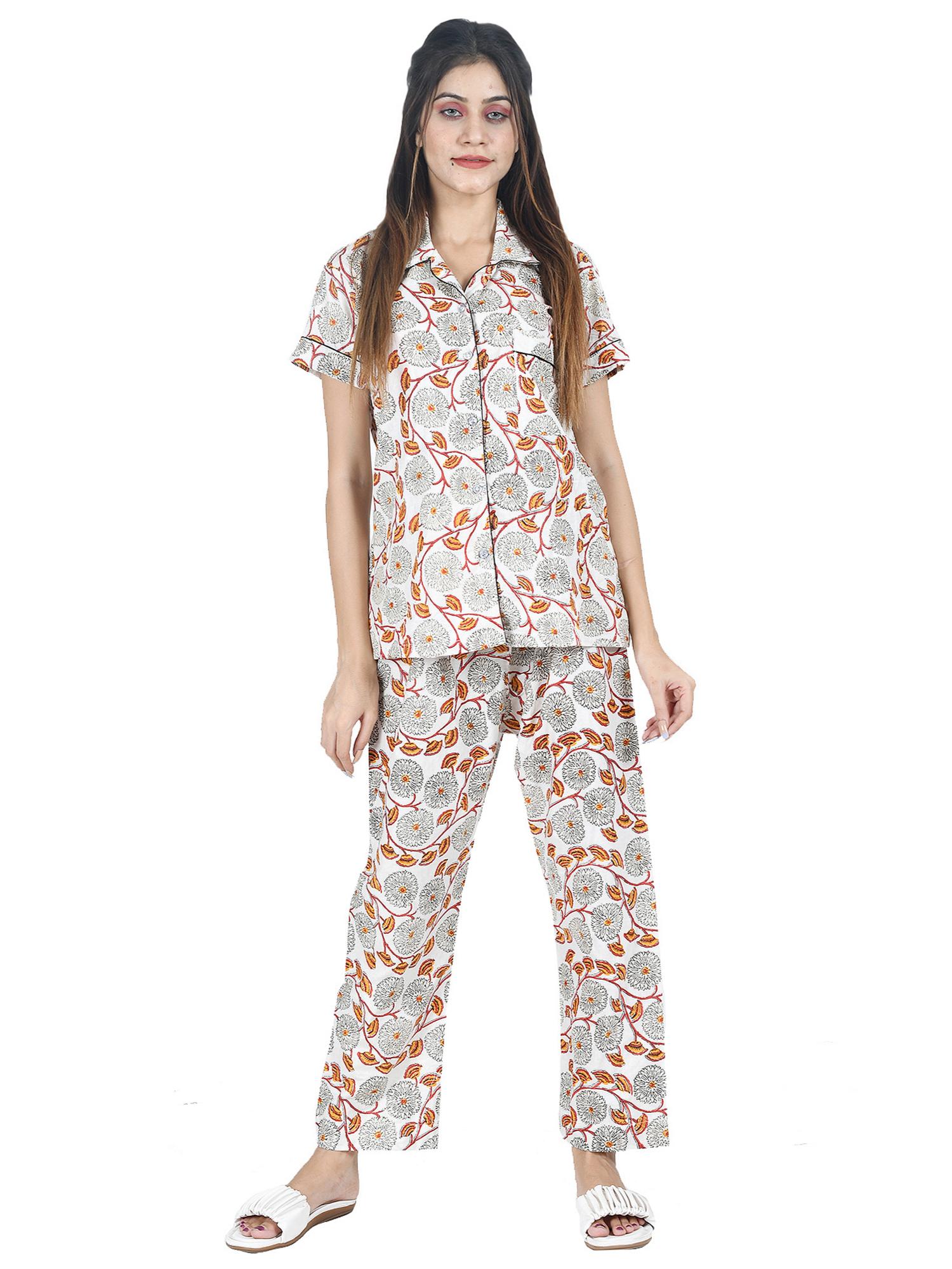 cotton floral block printed nightwear top & pyjama set for ladies - 17961990 - Zoom Image - 0