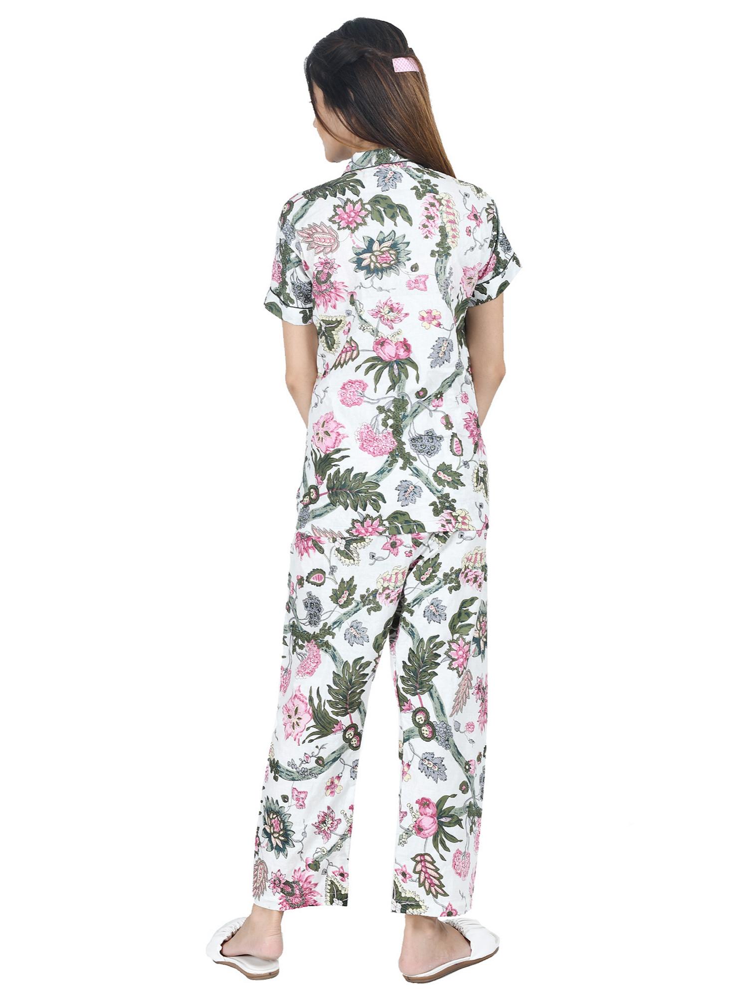 white cotton floral block printed nightwear set for women - 17962002 - Standard Image - 3