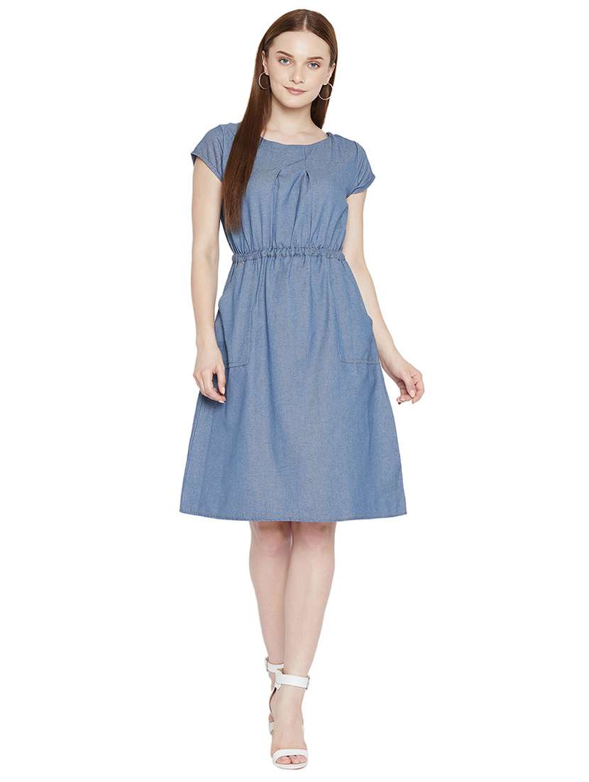 blue solid denim a-line dress