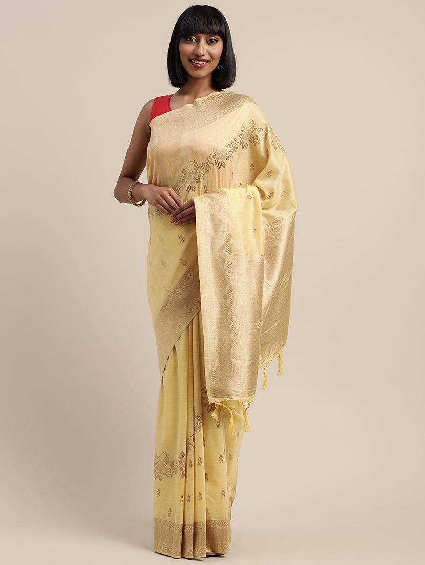 yellow silk blend banarasi saree with blouse - 17969056 - Zoom Image - 0