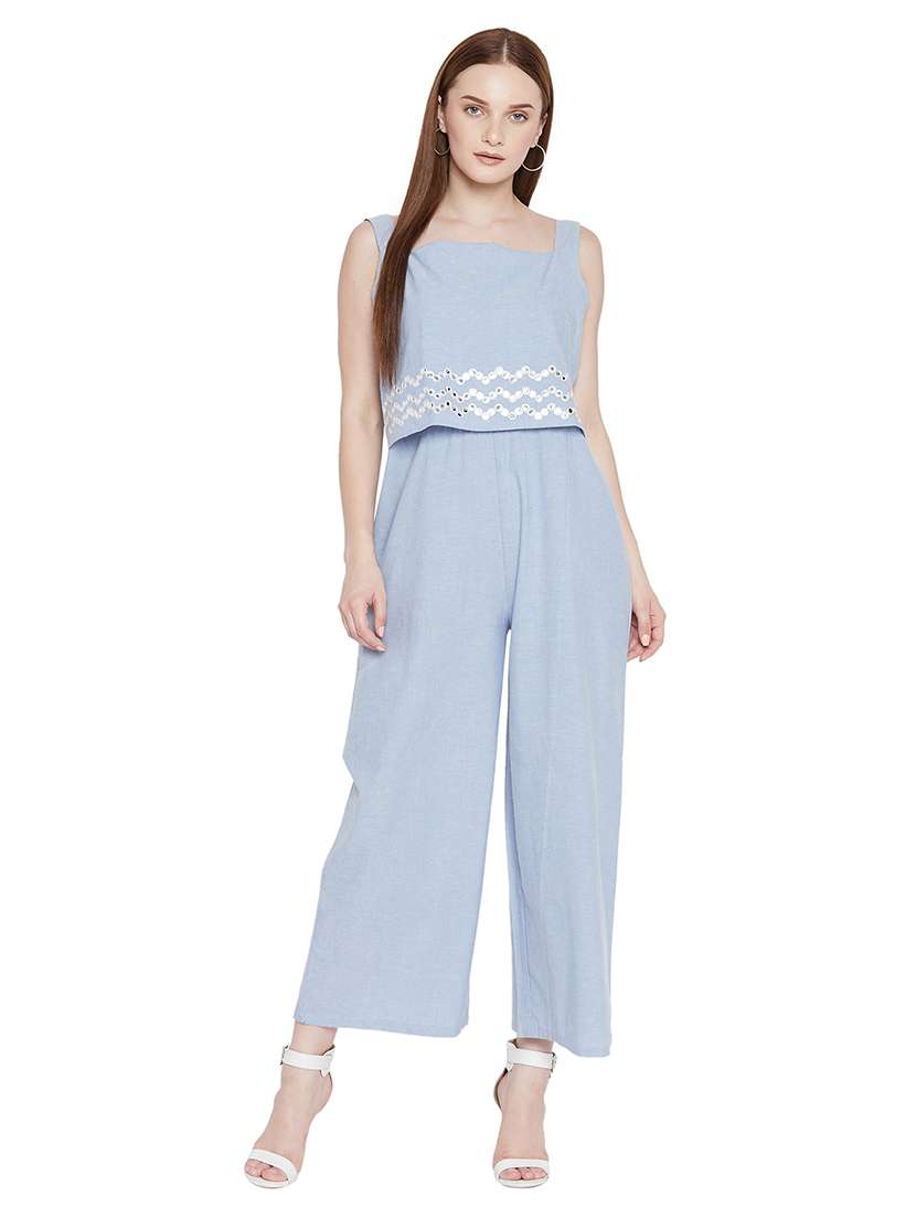 square neck embroidered detail  full leg jumpsuit