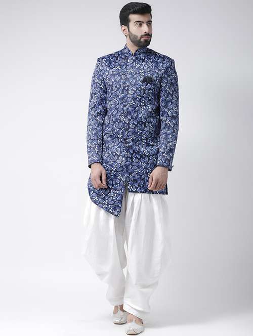 navy blue printed sherwani set - 17976382 -  Standard Image - 0