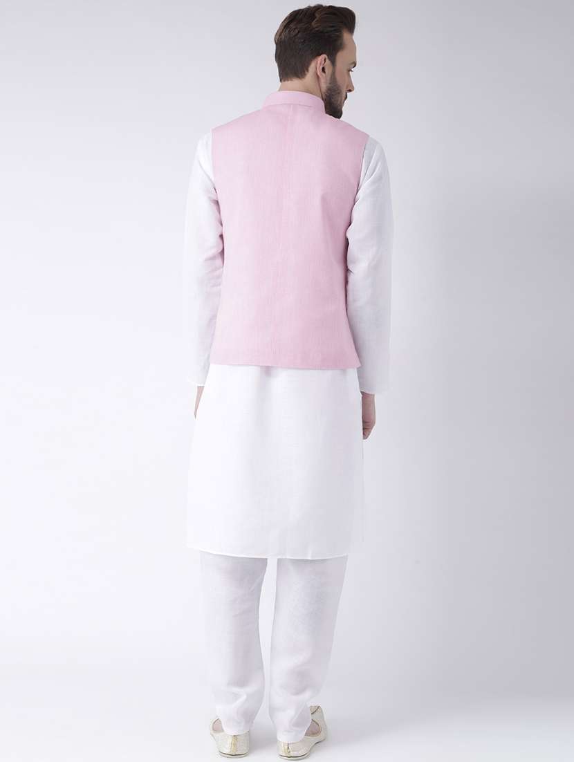 white solid kurta pyjama set with pink solid nehru jacket - 17976396 - Standard Image - 3