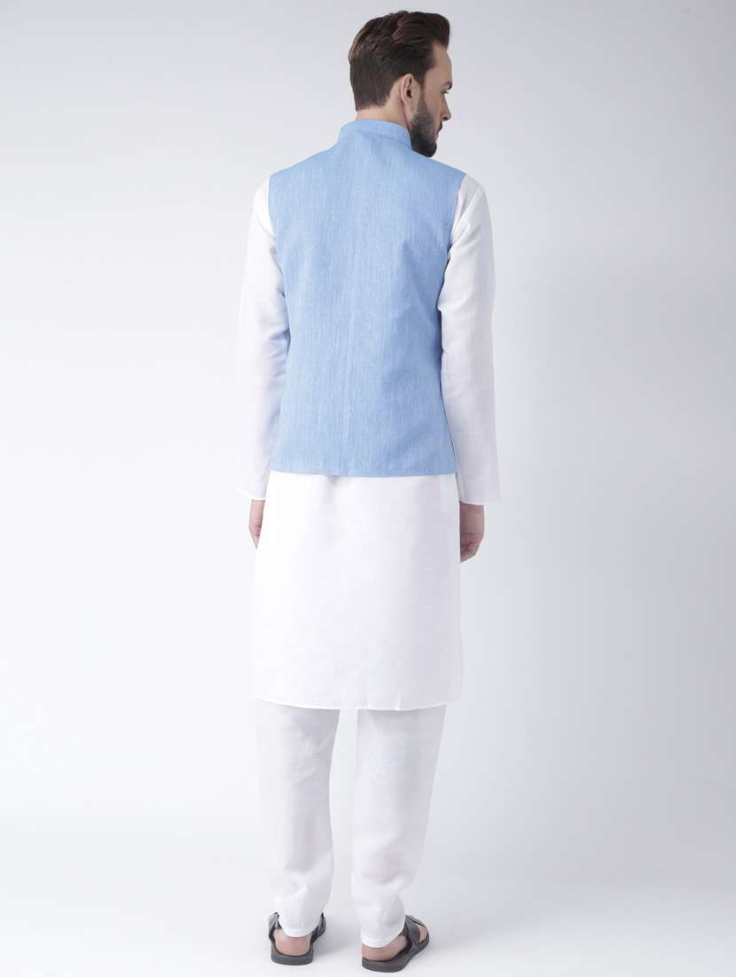 white solid kurta pyjama set with blue solid nehru jacket  - 17976397 -  Standard Image - 3