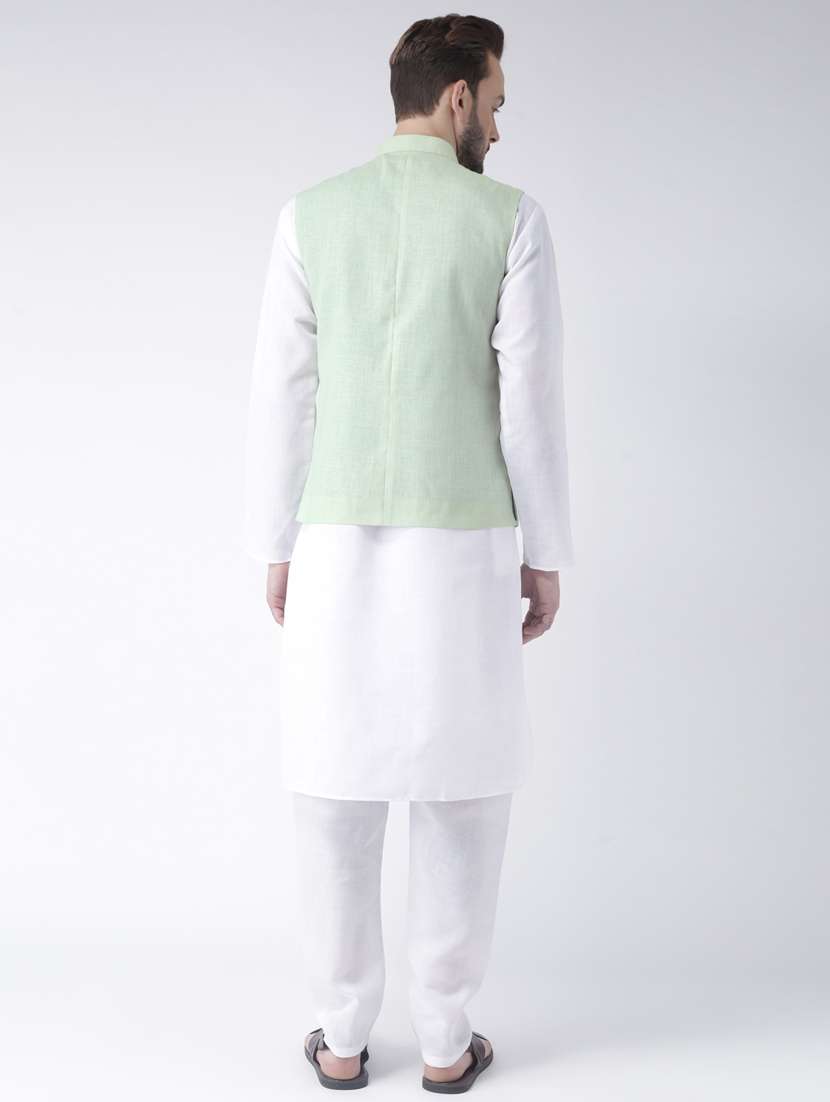 white solid kurta pyjama set with green solid nehru jacket  - 17976399 -  Standard Image - 3