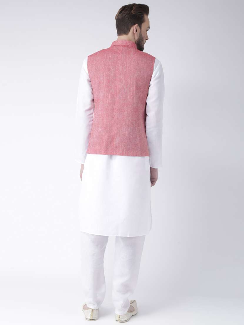 white solid kurta pyjama set with red solid nehru jacket  - 17976404 -  Standard Image - 3