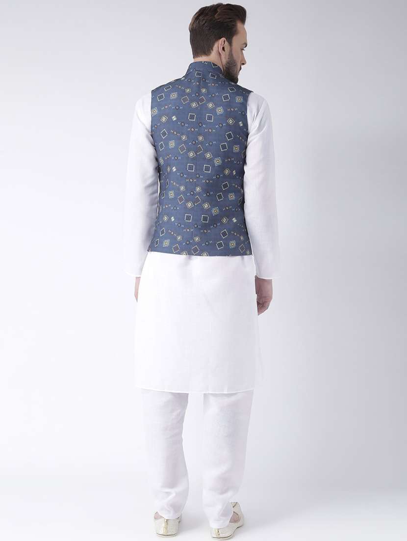 white solid kurta pyjama set with blue printed nehru jacket  - 17976407 -  Standard Image - 3