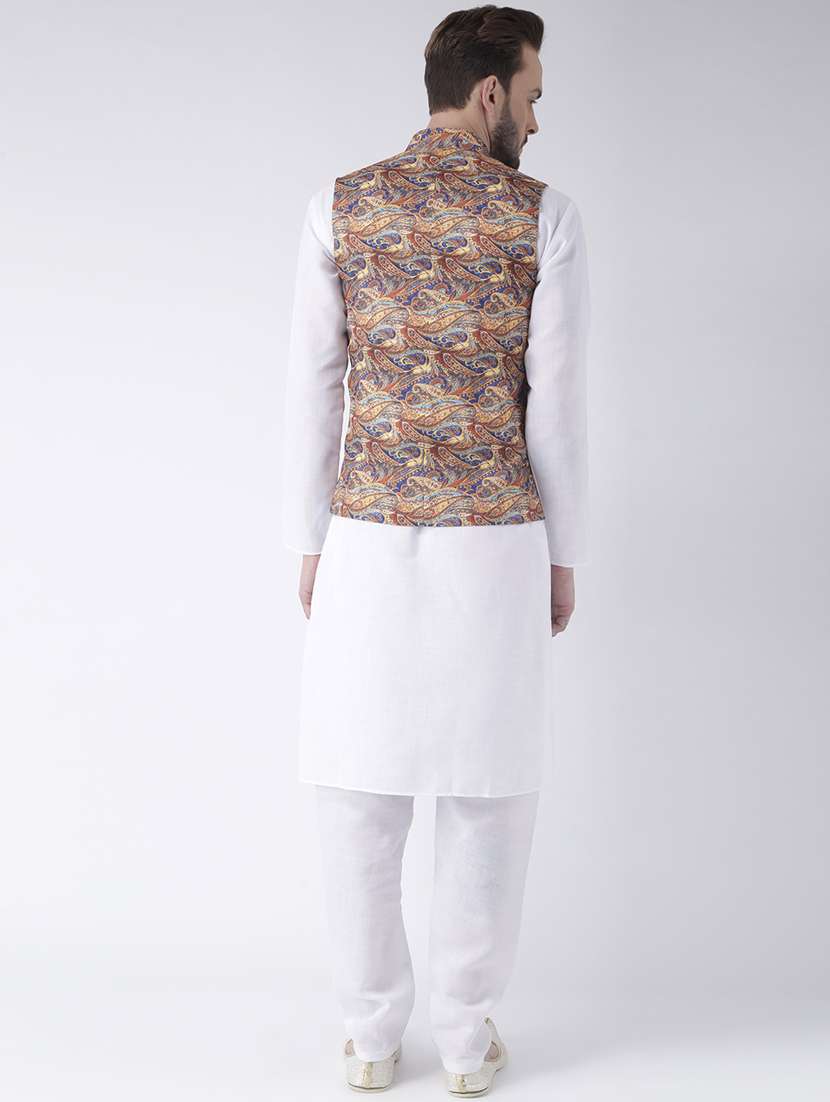 white solid kurta pyjama set with printed nehru jacket  - 17976408 -  Standard Image - 3