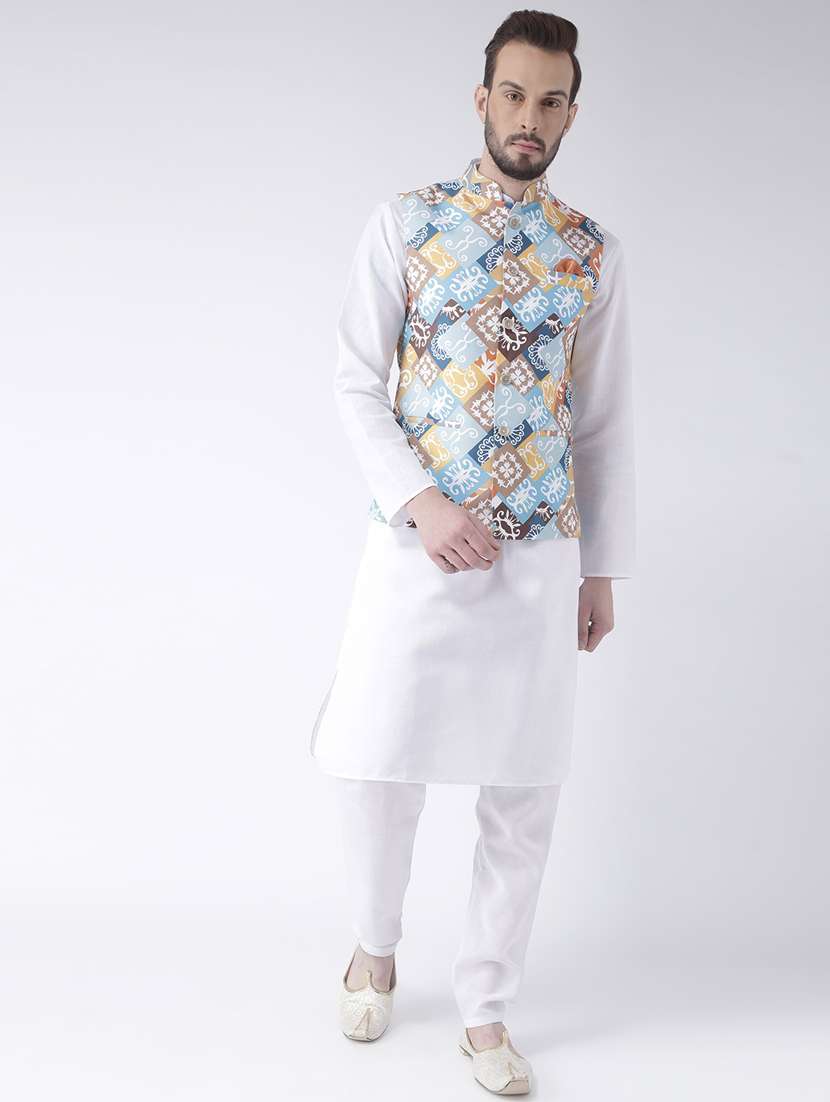 white solid kurta pyjama set with printed nehru jacket  - 17976409 -  Zoom Image - 0