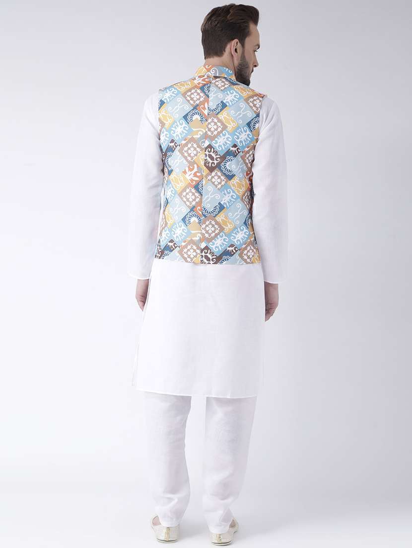 white solid kurta pyjama set with printed nehru jacket - 17976409 - Standard Image - 3