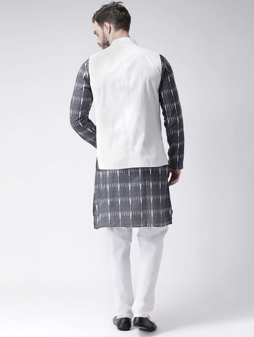 grey printed kurta pyjama set with white solid nehru jacket  - 17976417 -  Standard Image - 3
