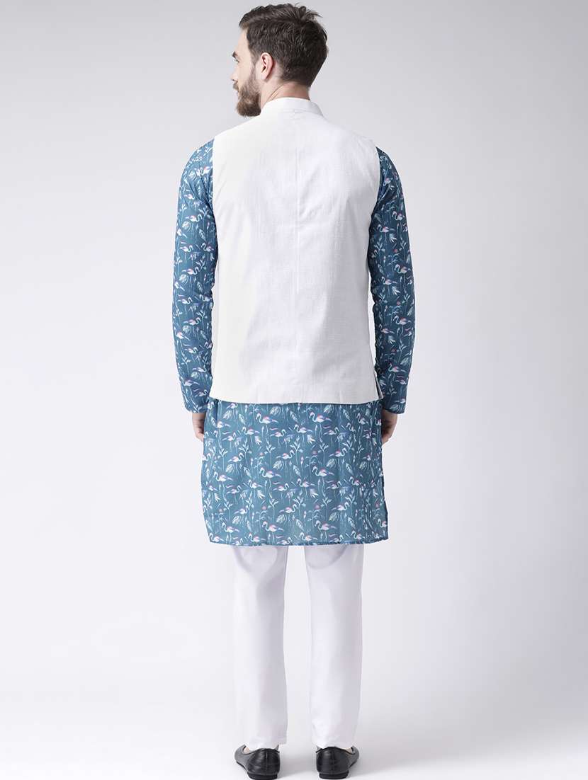 blue printed kurta pyjama set with white solid nehru jacket  - 17976419 -  Standard Image - 3