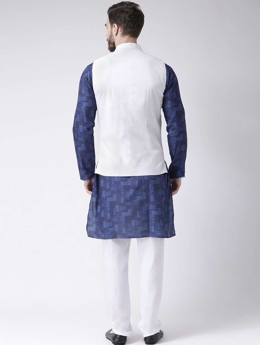 blue checkered kurta pyjama set with white solid nehru jacket - 17976420 - Standard Image - 3