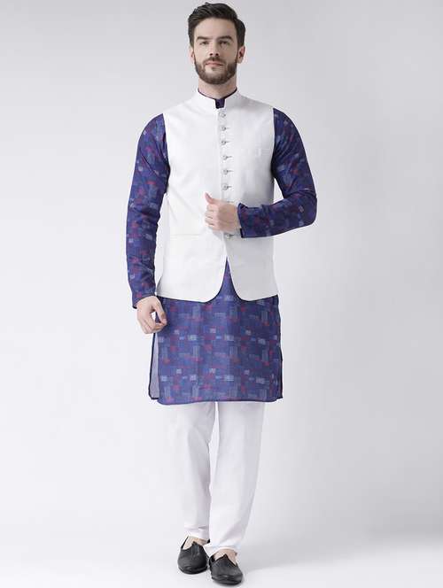 blue printed kurta pyjama set with white solid nehru jacket - 17976421 -  Standard Image - 0