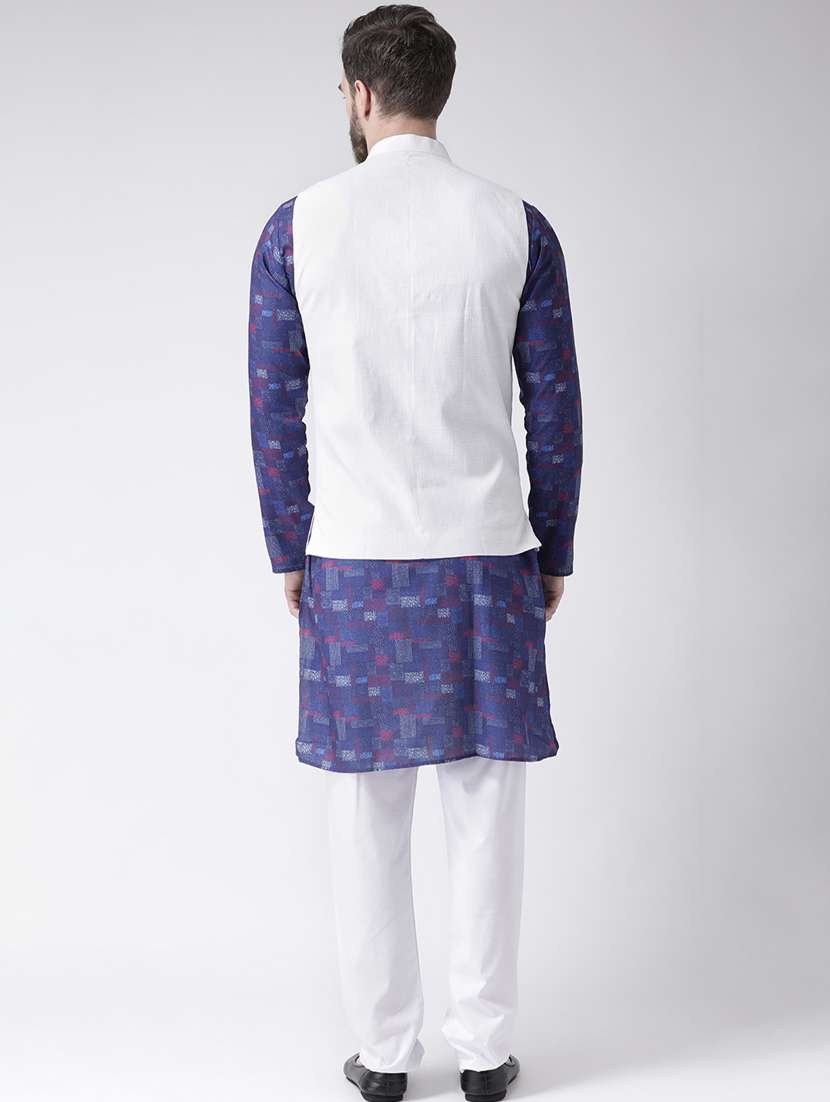 blue printed kurta pyjama set with white solid nehru jacket - 17976421 -  Standard Image - 3