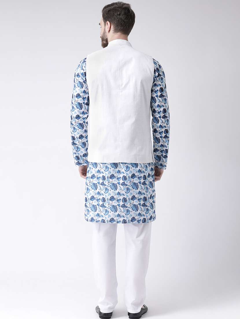 blue printed kurta pyjama set with white solid nehru jacket - 17976424 -  Standard Image - 3