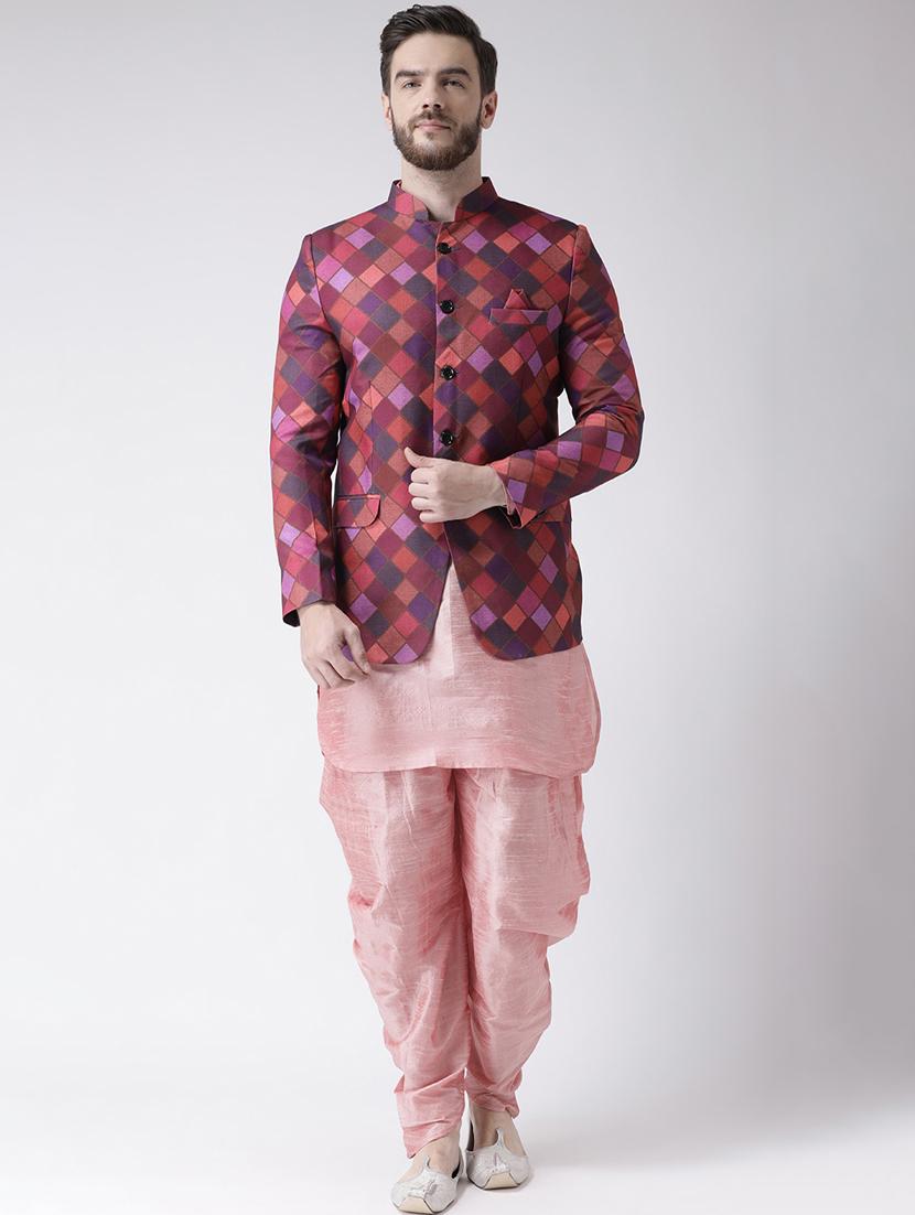 pink solid dhoti kurta set with bandhgala jacket - 17976434 - Zoom Image - 0