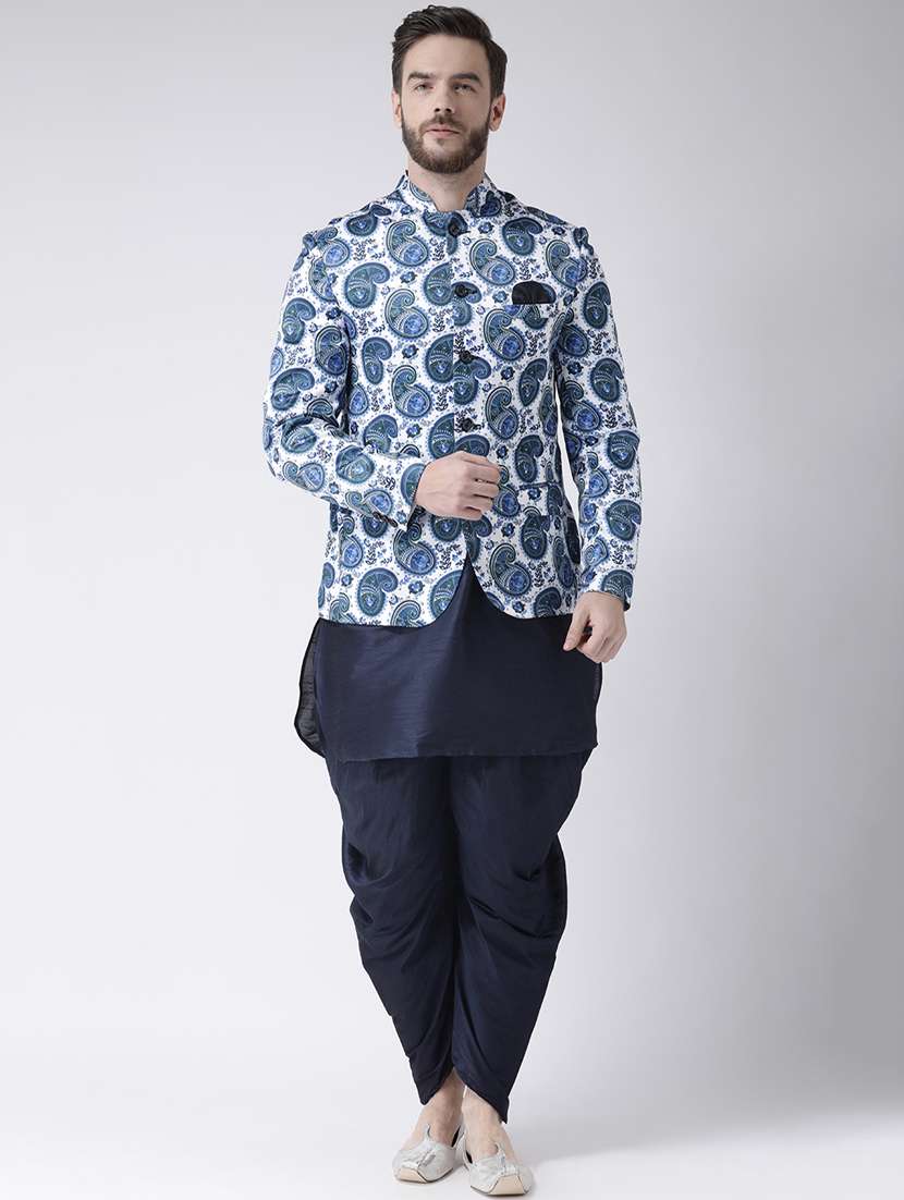 navy blue solid dhoti kurta set with printed bandhgala jacket - 17976435 - Zoom Image - 0