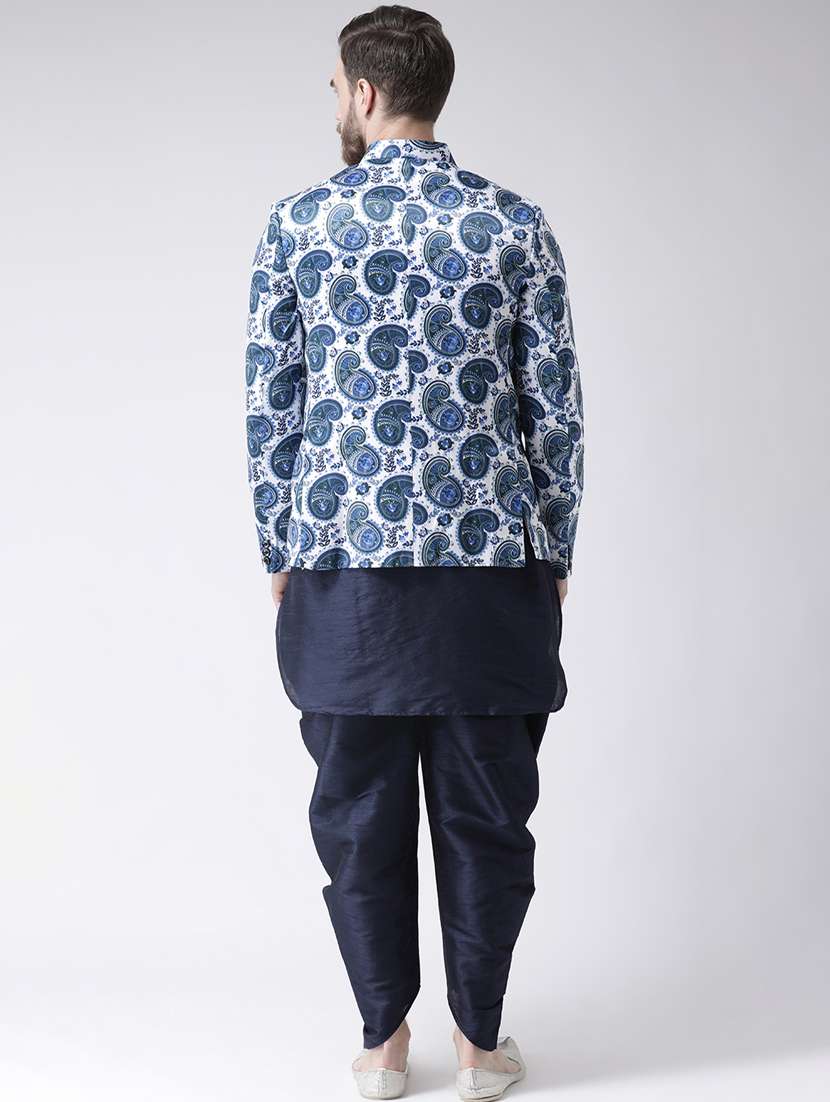 navy blue solid dhoti kurta set with printed bandhgala jacket - 17976435 - Standard Image - 3