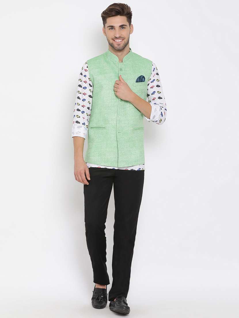 white printed linen kurta trouser set with solid nehru jacket
