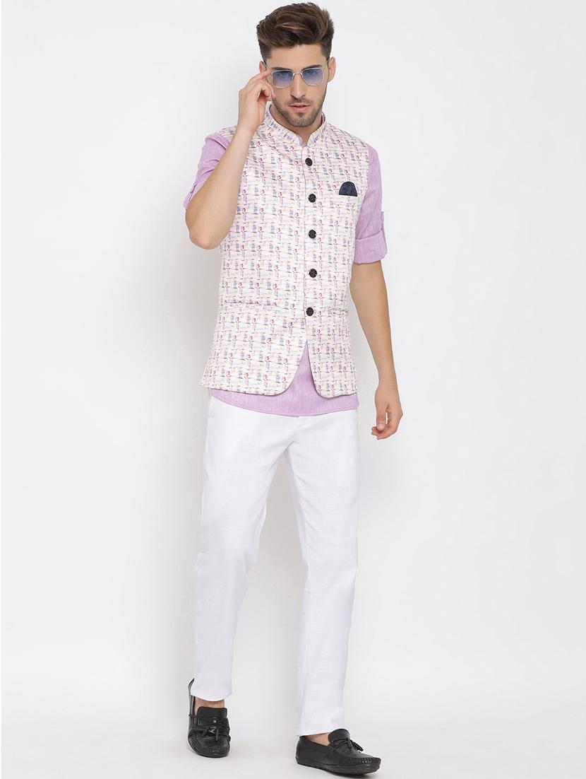 purple solid kurta trouser set with white printed jacket - 17976755 - Standard Image - 3