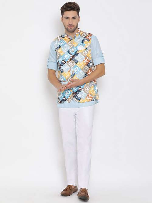 light blue solid kurta trouser set with printed jacket - 17976756 - Standard Image - 0