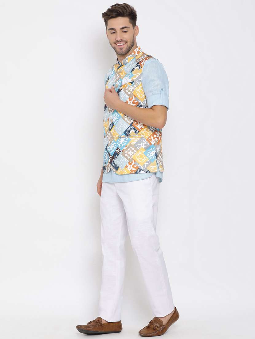 light blue solid kurta trouser set with printed jacket - 17976756 - Standard Image - 3