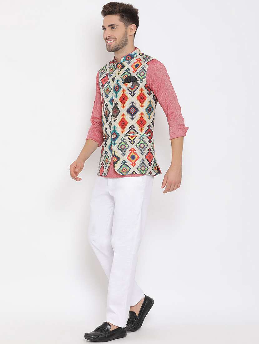 red solid kurta trouser set with printed jacket - 17976757 -  Standard Image - 3