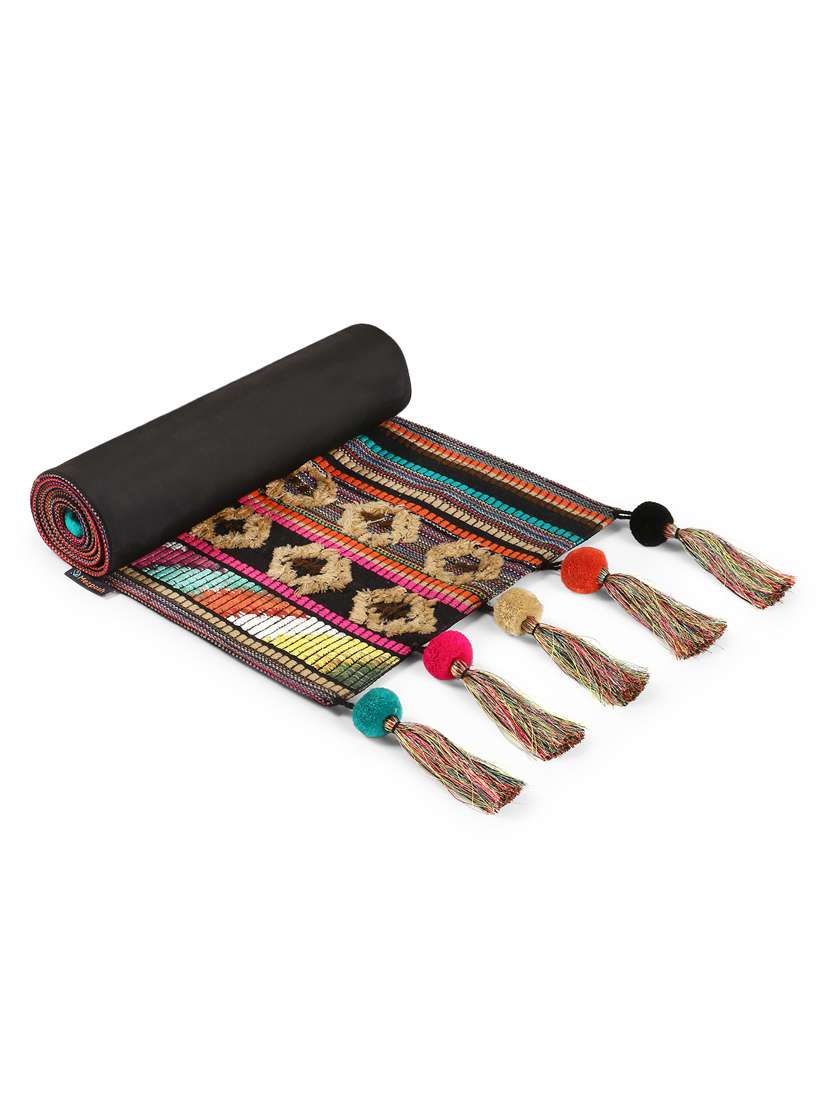 tribal collection by mezposh : pink & multi acrylic jacquard  6 seater table runner with tassels (30x180cm) - 17977178 -  Standard Image - 3