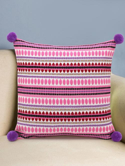 stave collection by mezposh : pink & multi acrylic jacquard striped cushion cover with pompoms (16x16in) - 17977644 - Standard Image - 0
