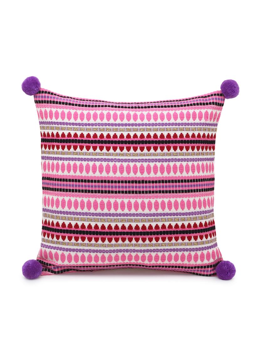 stave collection by mezposh : pink & multi acrylic jacquard striped cushion cover with pompoms (16x16in) - 17977644 - Standard Image - 3