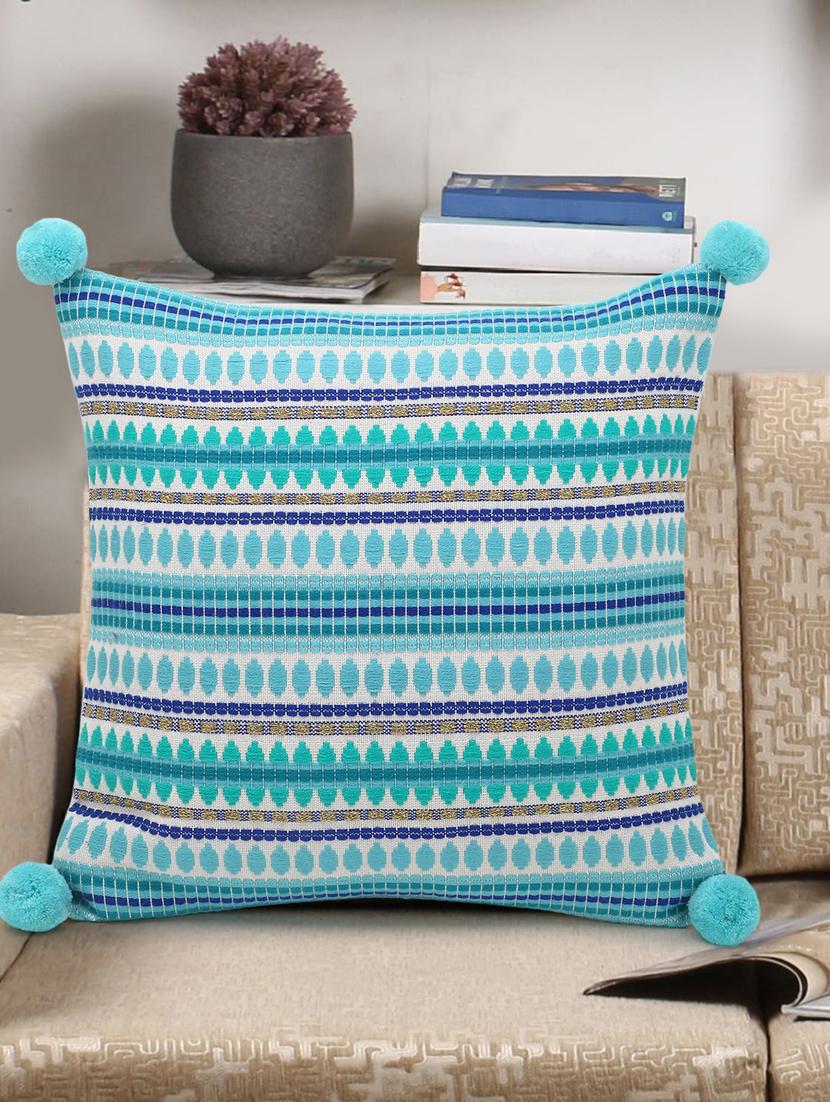 stave collection by mezposh : pink & multi acrylic jacquard striped cushion cover with pompoms (16x16in) - 17977645 - Zoom Image - 0