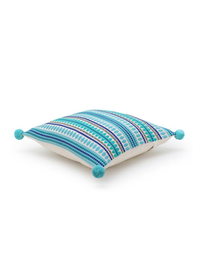 stave collection by mezposh : pink & multi acrylic jacquard striped cushion cover with pompoms (16x16in) - 17977645 - Standard Image - 3