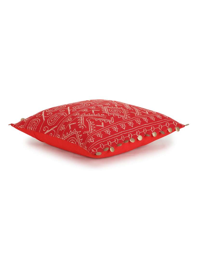 mezposh tribal red & gold cotton jacquard ethnic motifs embellished cushion cover (16"x16") - 17977779 -  Standard Image - 3