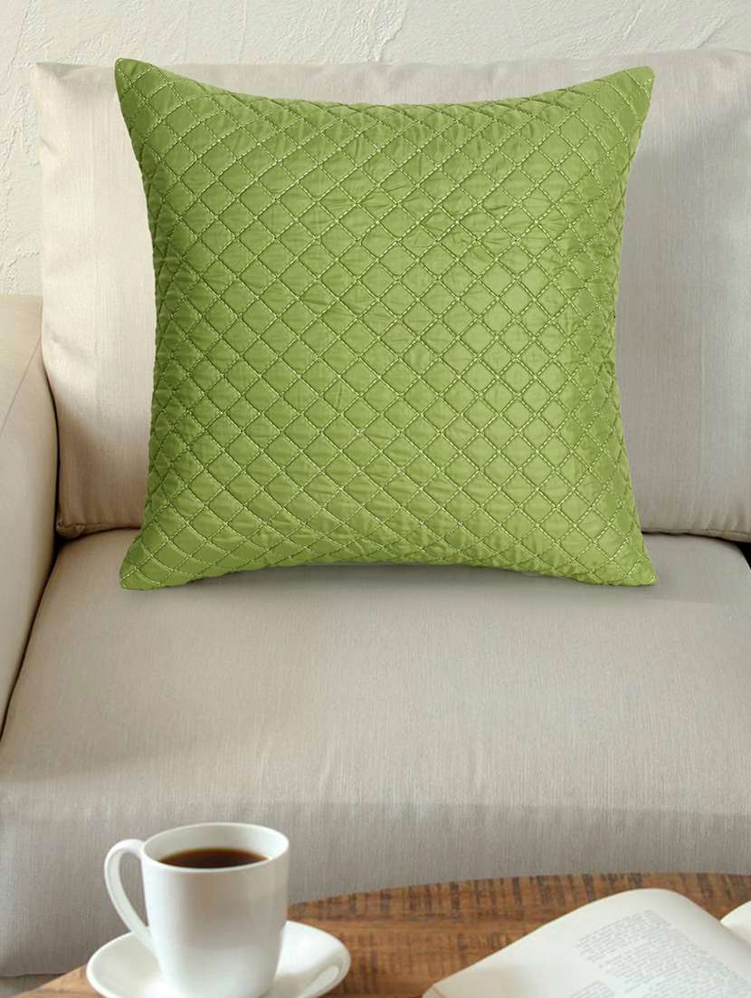 Mezposh Rasta Parrot Green Polyester Checked Quilted Cushion Cover (16"X16")