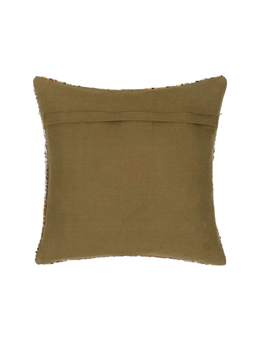 Mezposh Motley Green & Multi Wool Quirky Tasselled/ Cushion Cover With Zari (16"X16")