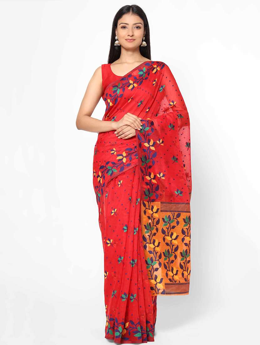 women's self design red colored saree with blouse