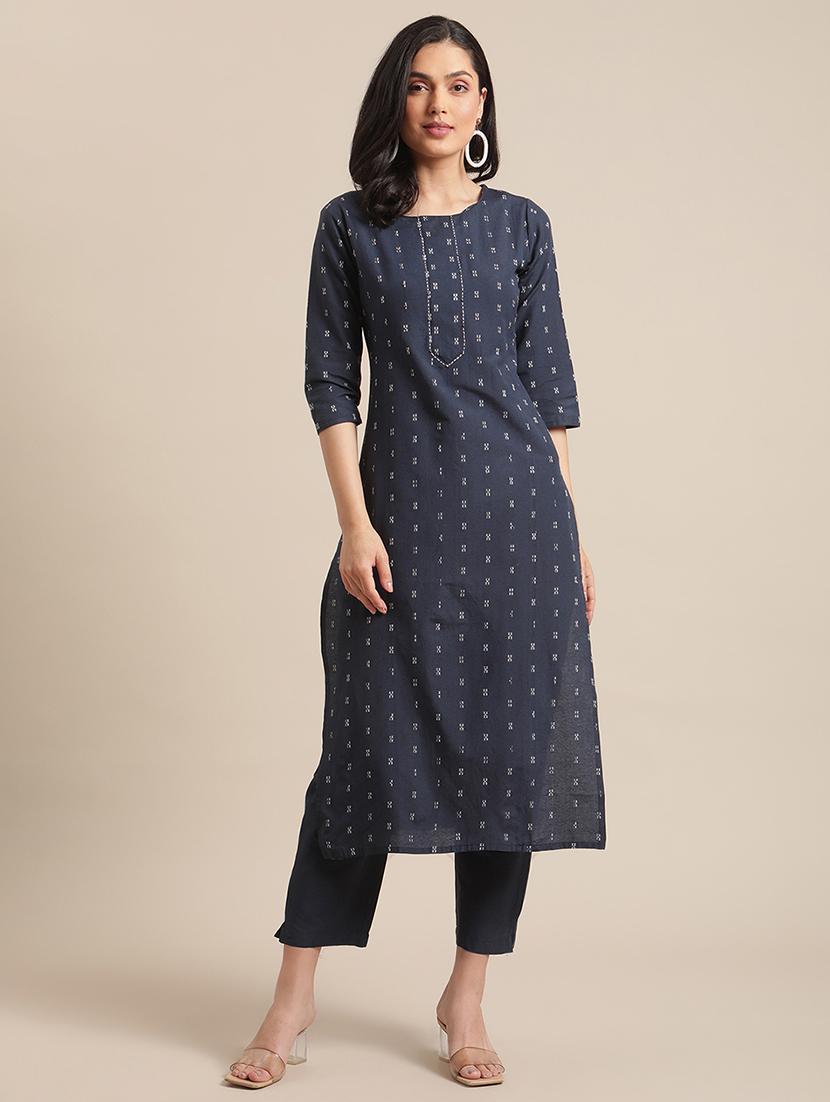 navy cotton blend kurta pant set - 17983983 - Zoom Image - 0