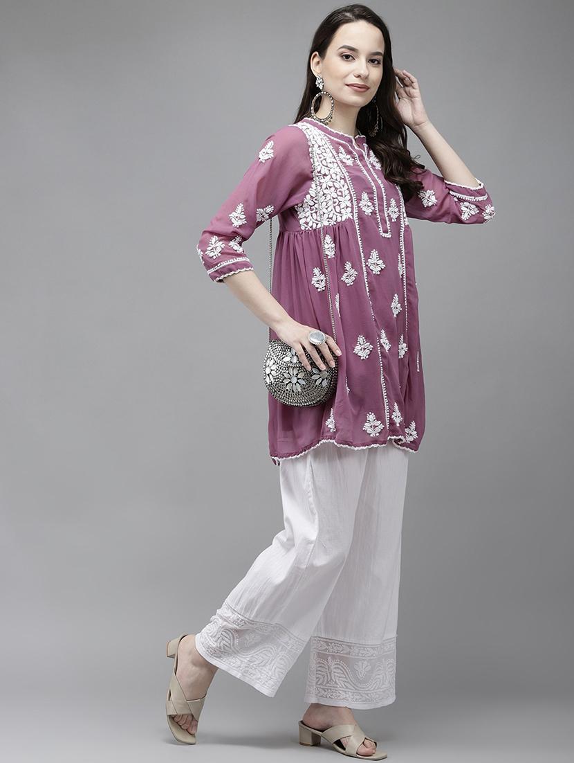 ada hand-embroidered chikankari purple a-line kurti - 17989381 - Standard Image - 3