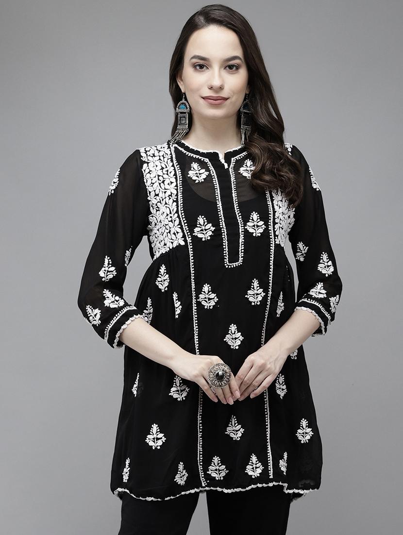 ada hand-embroidered chikankari black a-line kurti - 17989382 - Zoom Image - 0