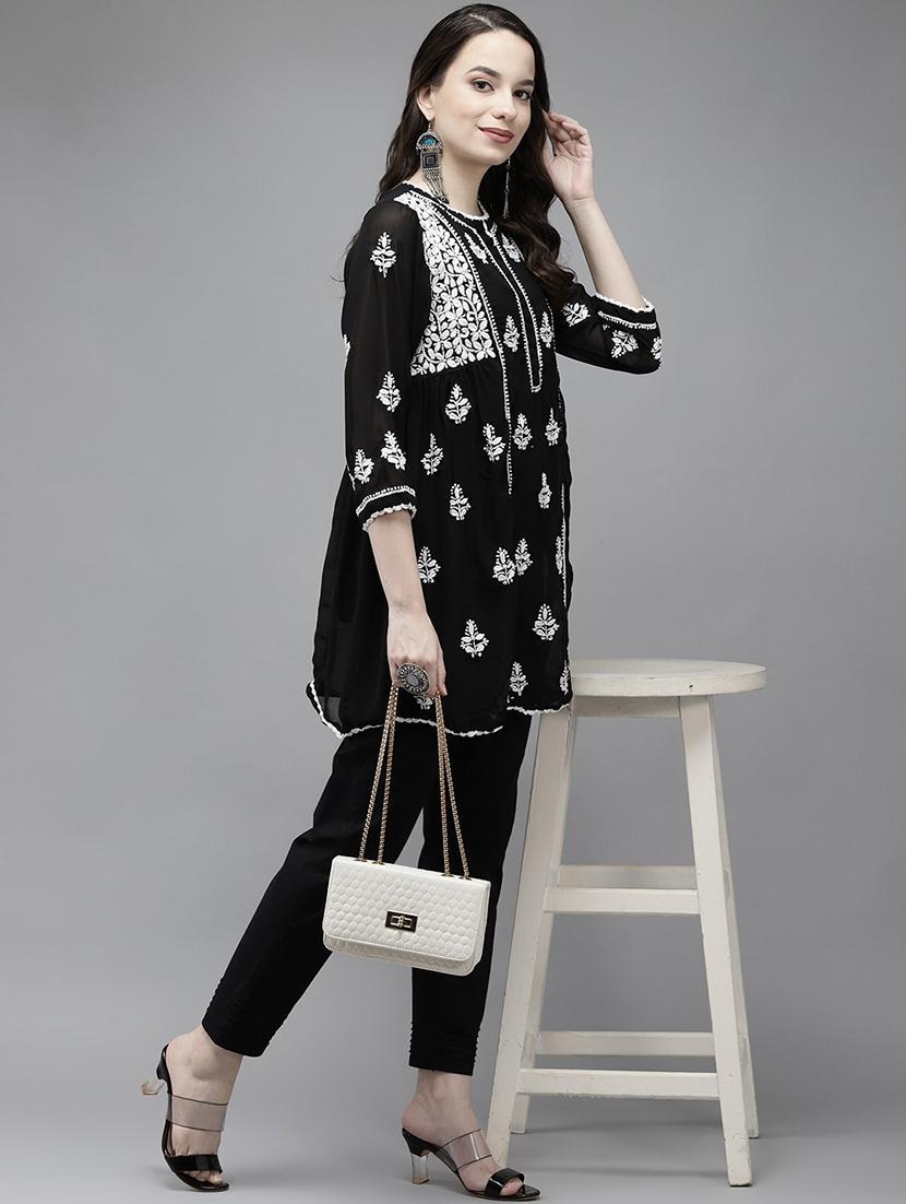 ada hand-embroidered chikankari black a-line kurti - 17989382 - Standard Image - 3