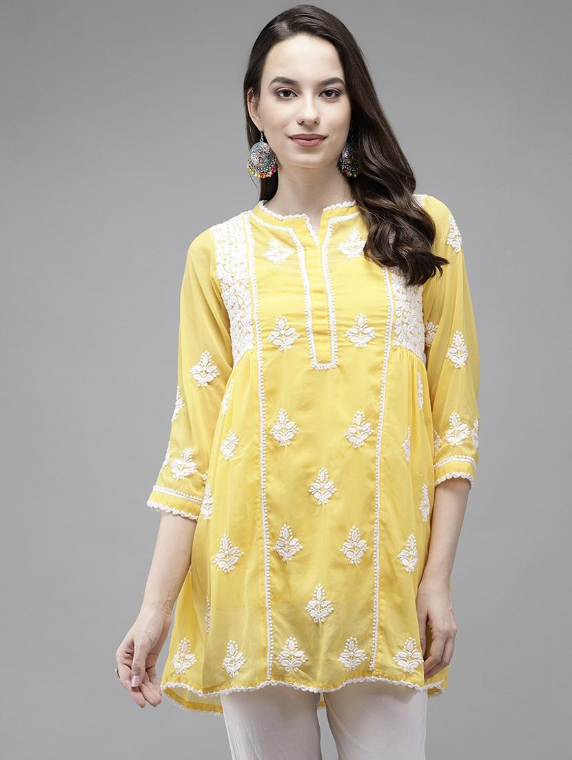 ada hand-embroidered chikankari yellow a-line kurti - 17989387 - Zoom Image - 0